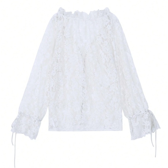 Guipure Lace on Mesh White V-Neck Floral Pattern Button Down Shirt Sheer - Picture 7 of 11